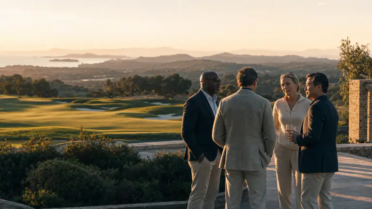 Business guests meeting beside a golf course