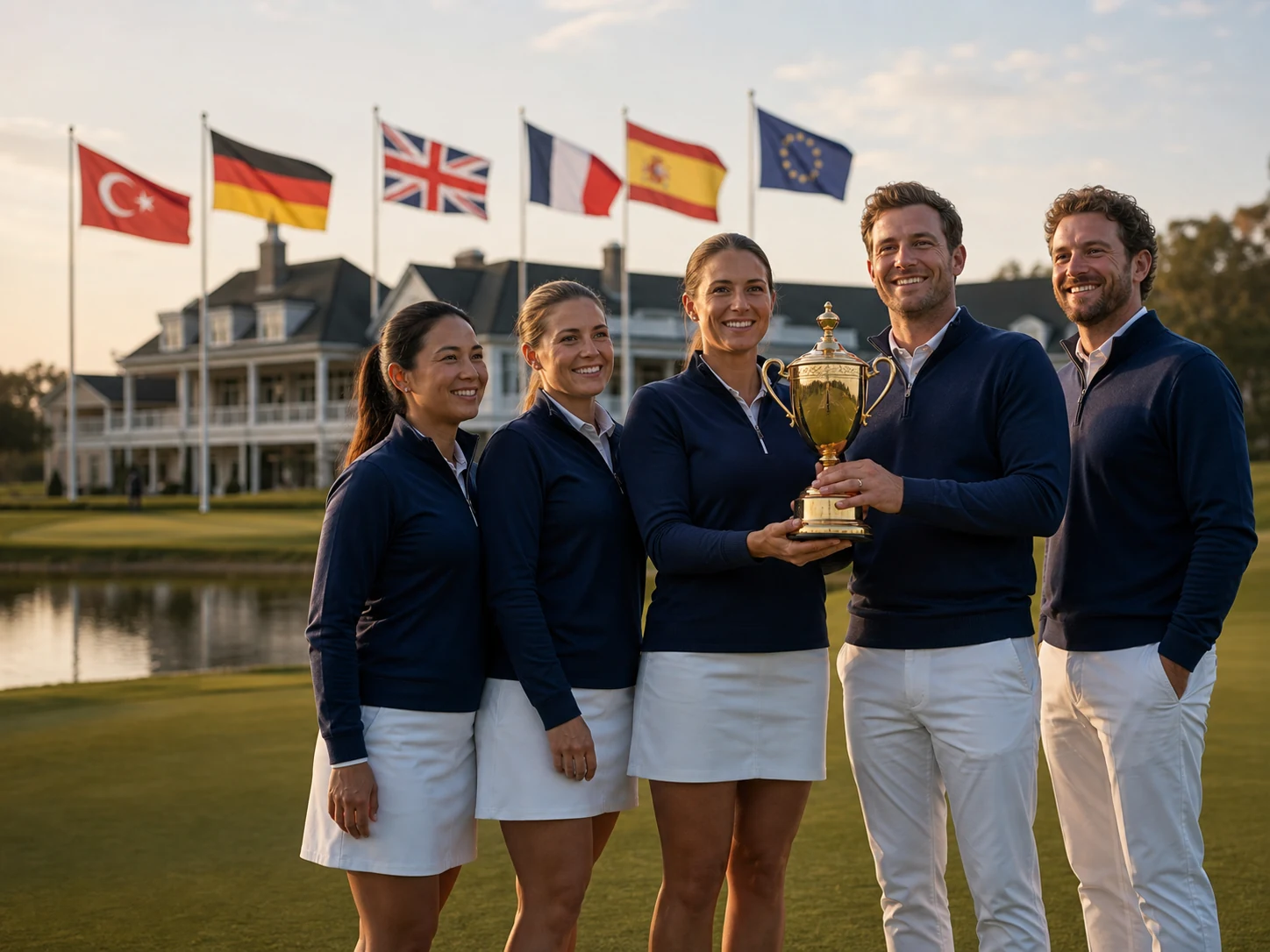 Équipe de la Nation Cup sur un parcours au coucher du soleil