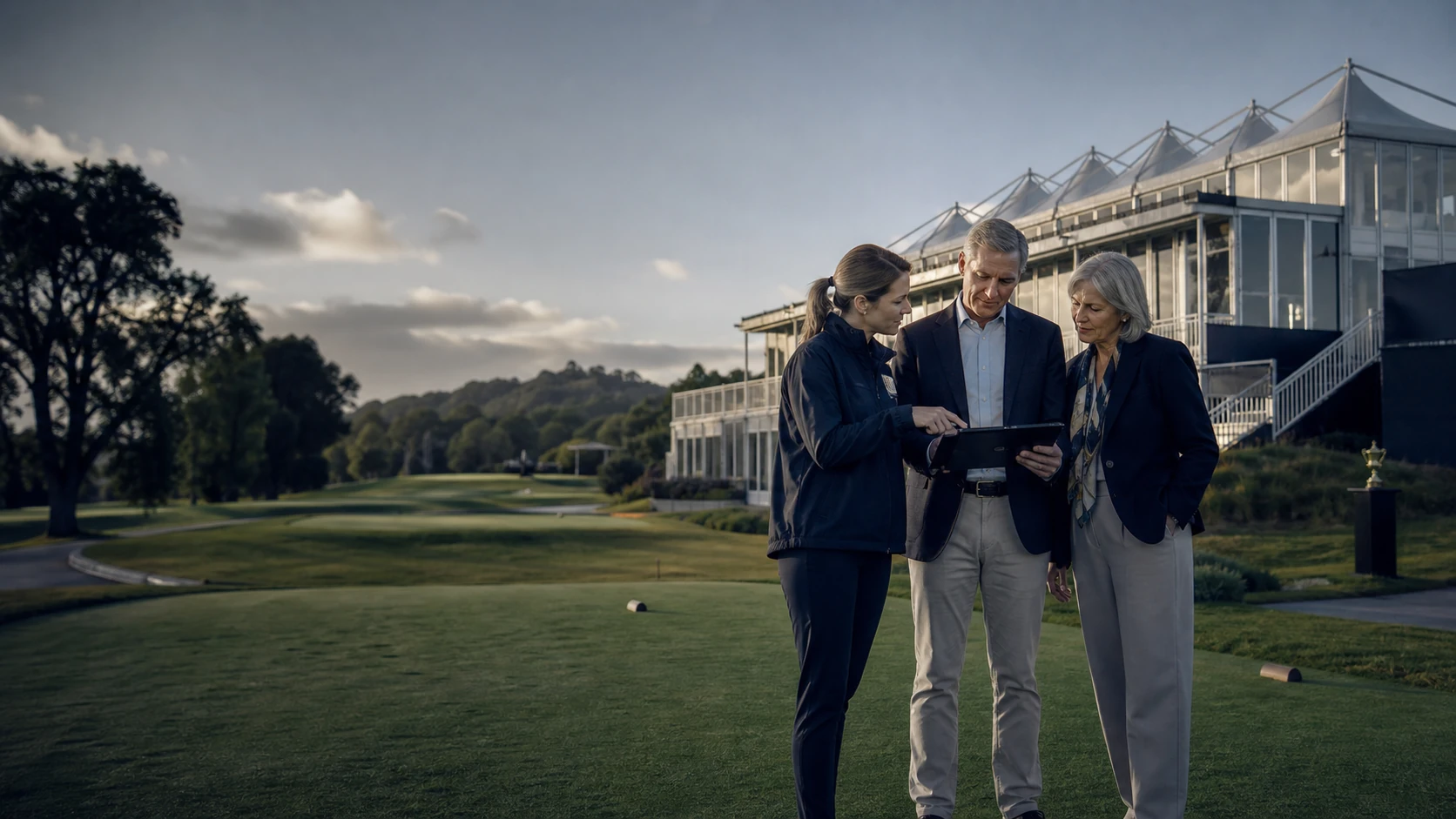 Invités professionnels échangeant au bord d’un parcours de golf
