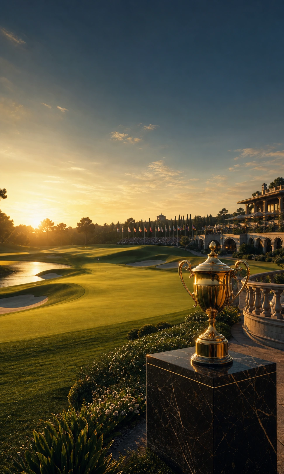 Nation Cup trophy on a manicured golf fairway