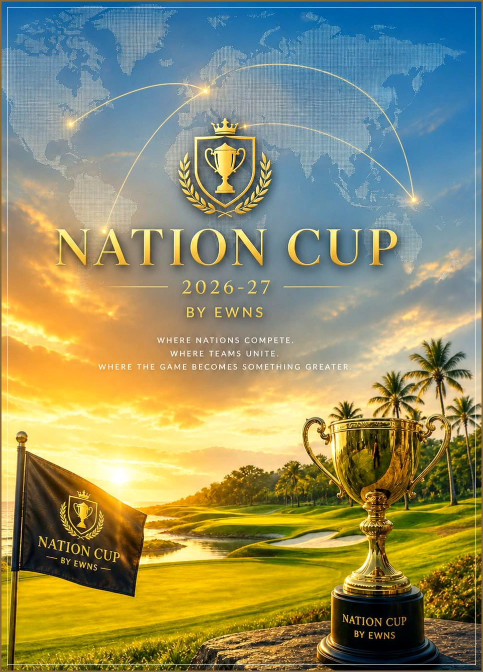 Nation Cup 2026–27 cover: a global golf map, trophy and invitation to represent a team.