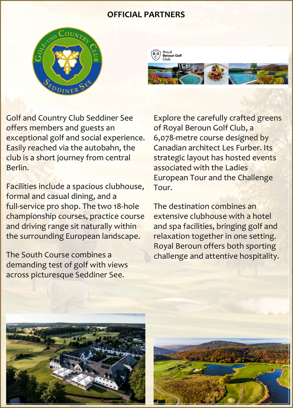 Partner feature page with Golf and Country Club Seddiner See and Royal Beroun Golf Club.