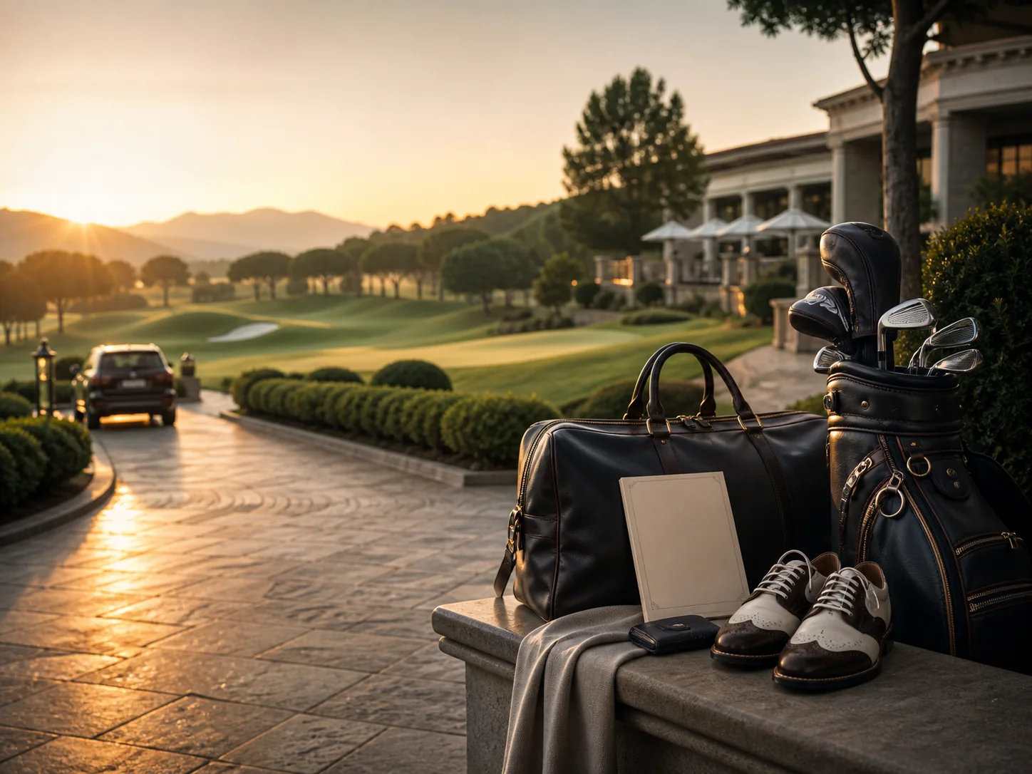 Luxury golf resort arrival with travel and golf equipment